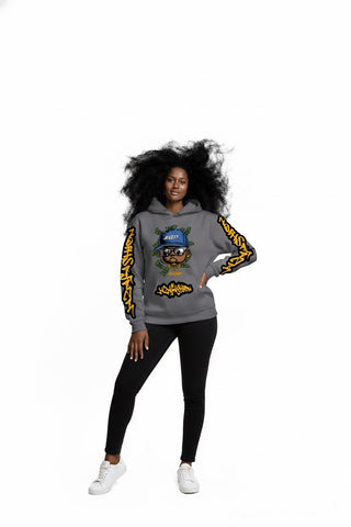 Model trägt grauen JAZA Oversized Streetwear Hoodie mit Graffiti Ärmelprint