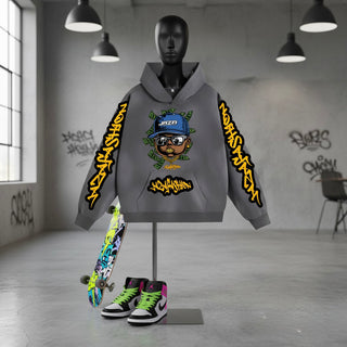 JAZA Oversized Hoodie Grau mit Graffiti Design, Streetwear Hoodie mit Money Vision Motiv