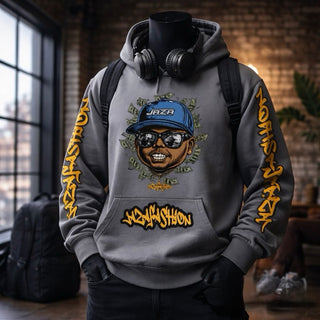 JAZA Oversized Hoodie Grau mit Graffiti Design, Streetwear Hoodie mit Money Vision Motiv