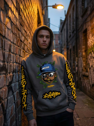 JAZA Oversized Hoodie Grau mit Graffiti Design, Streetwear Hoodie mit Money Vision Motiv