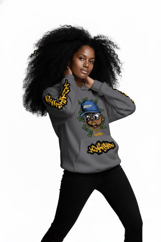Detailansicht eines grauen JAZA Oversized Hoodies mit auffälligem Graffiti Design