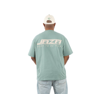 Rückansicht vom grünen JAZA T-Shirt mit großem Born To Be Rich Logo auf dem Rücken